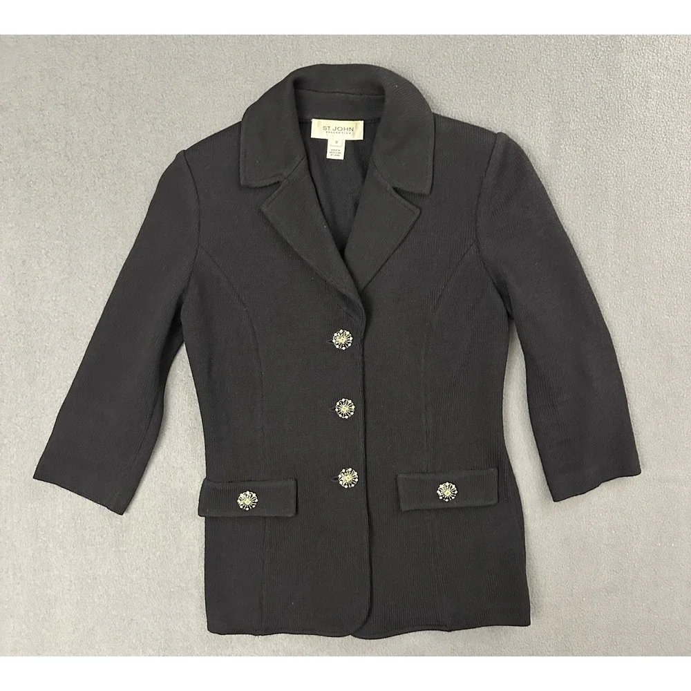 ST JOHN COLLECTION Classic Knit Sweater Blazer Size 0 Black Women Jacket